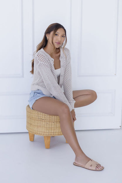 Laverne Long Sleeve Button Down Crochet Cardigan Beige