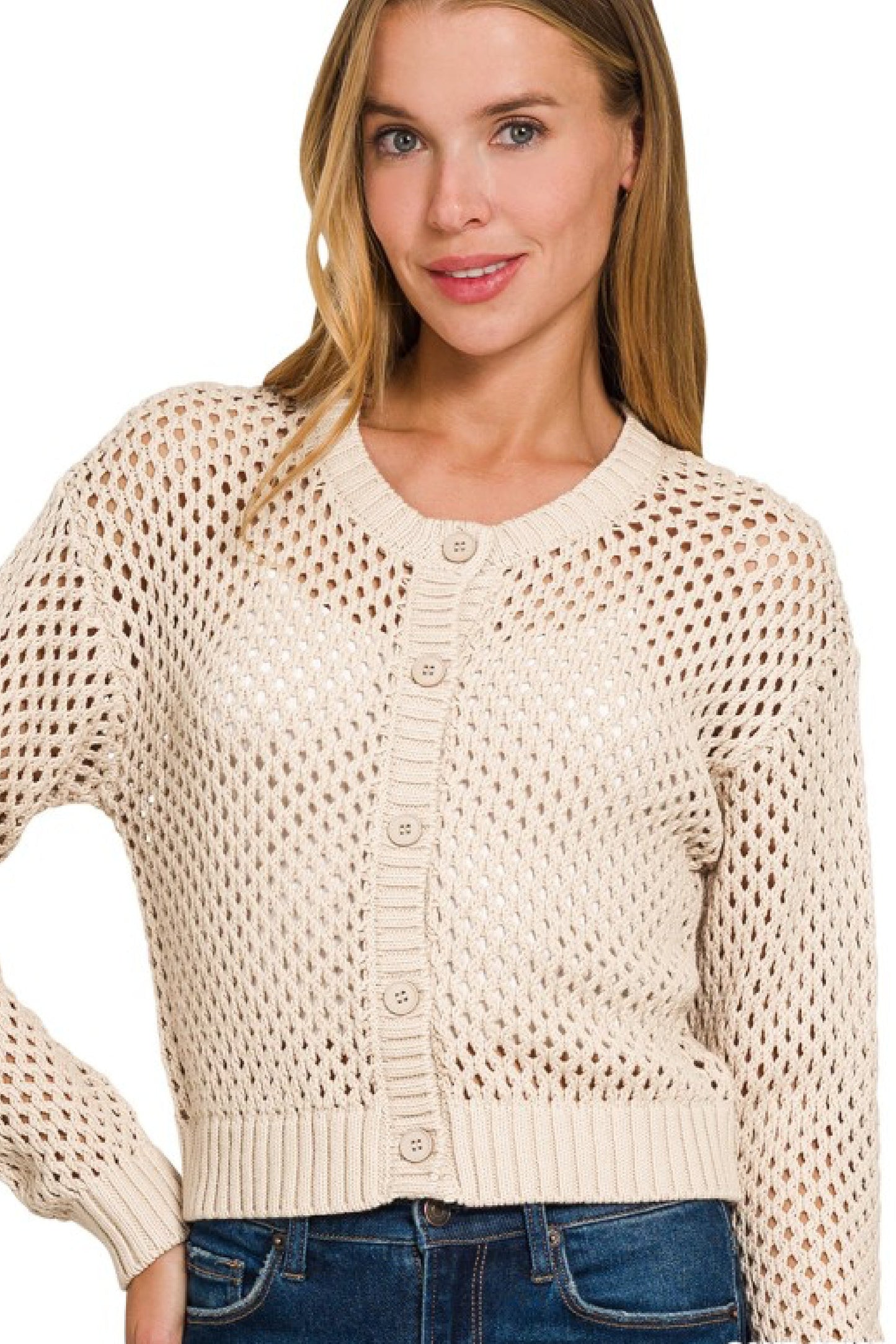 Laverne Long Sleeve Button Down Crochet Cardigan Beige