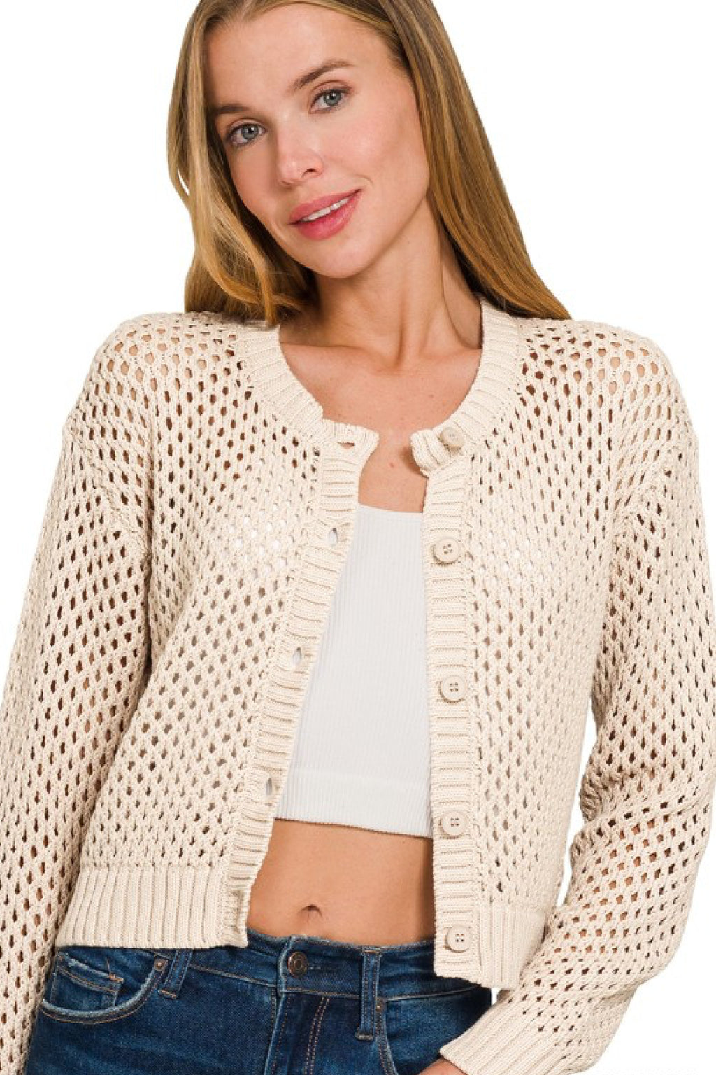 Laverne Long Sleeve Button Down Crochet Cardigan Beige