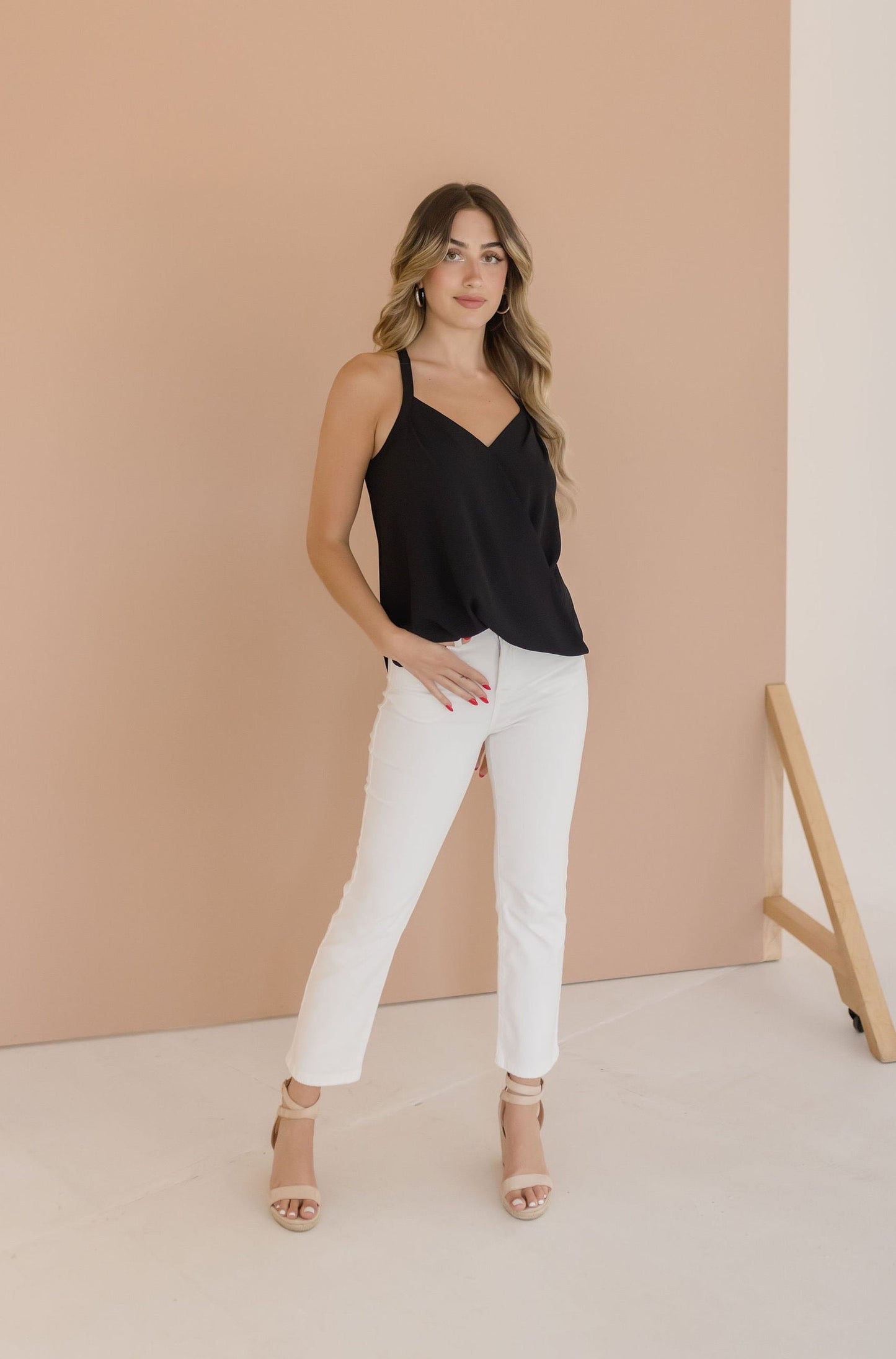Alyce Sleeveless Surplice Neckline Racerback Top Black