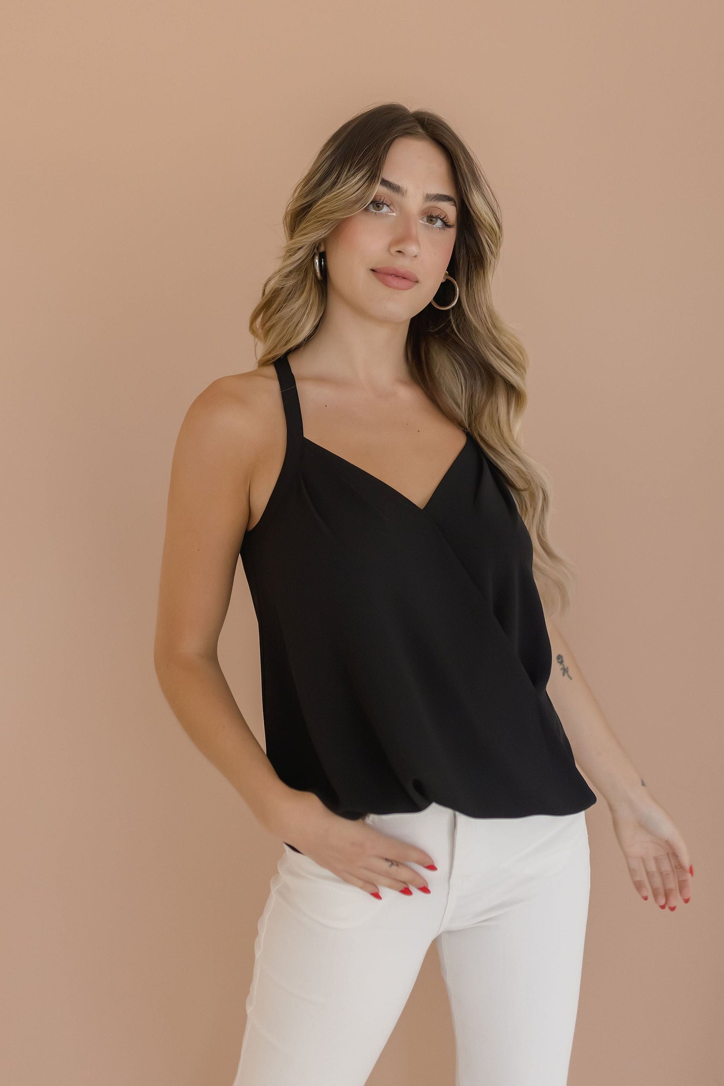 Alyce Sleeveless Surplice Neckline Racerback Top Black