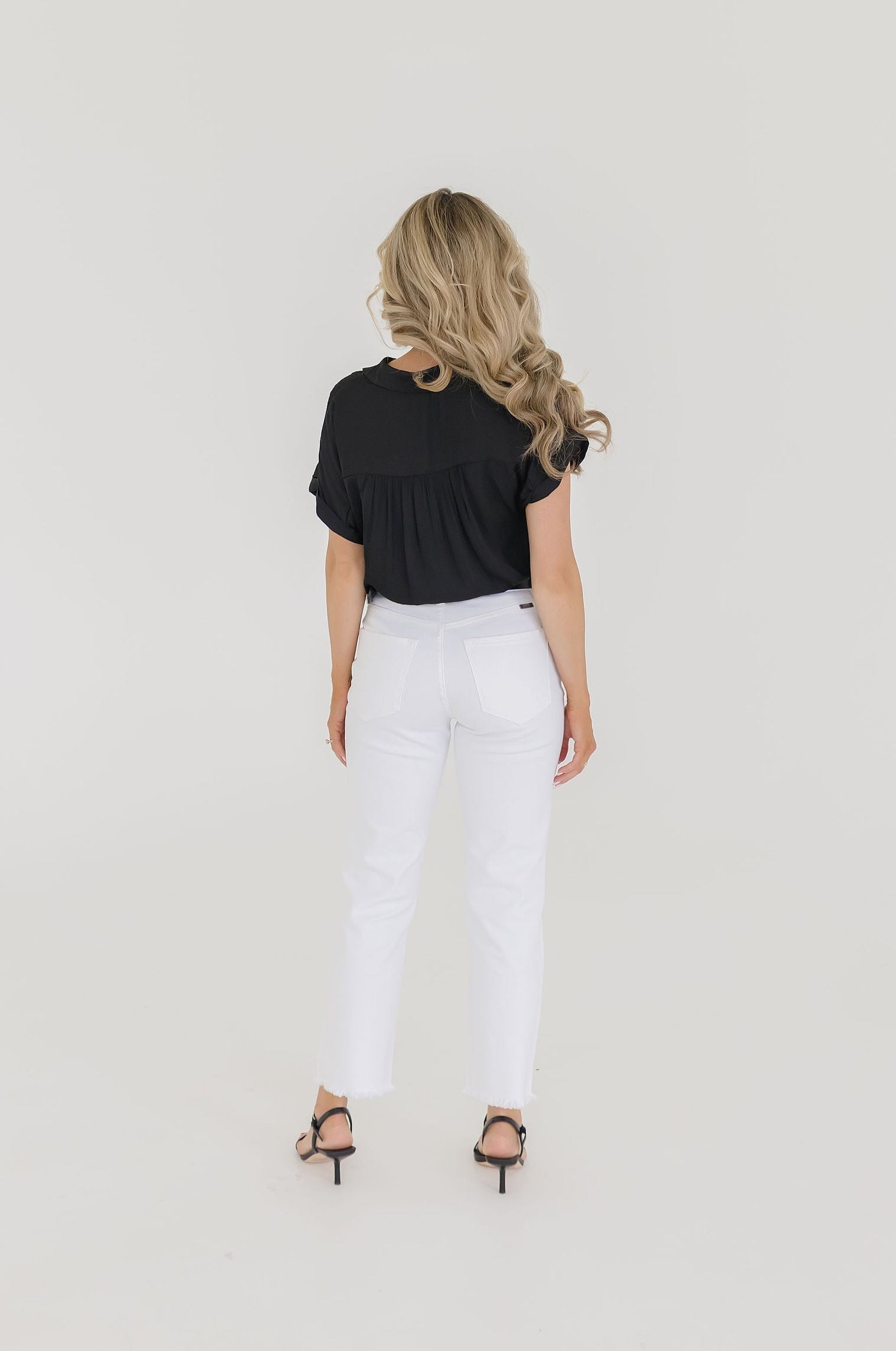 Callie Short Sleeve Button Down Top Black