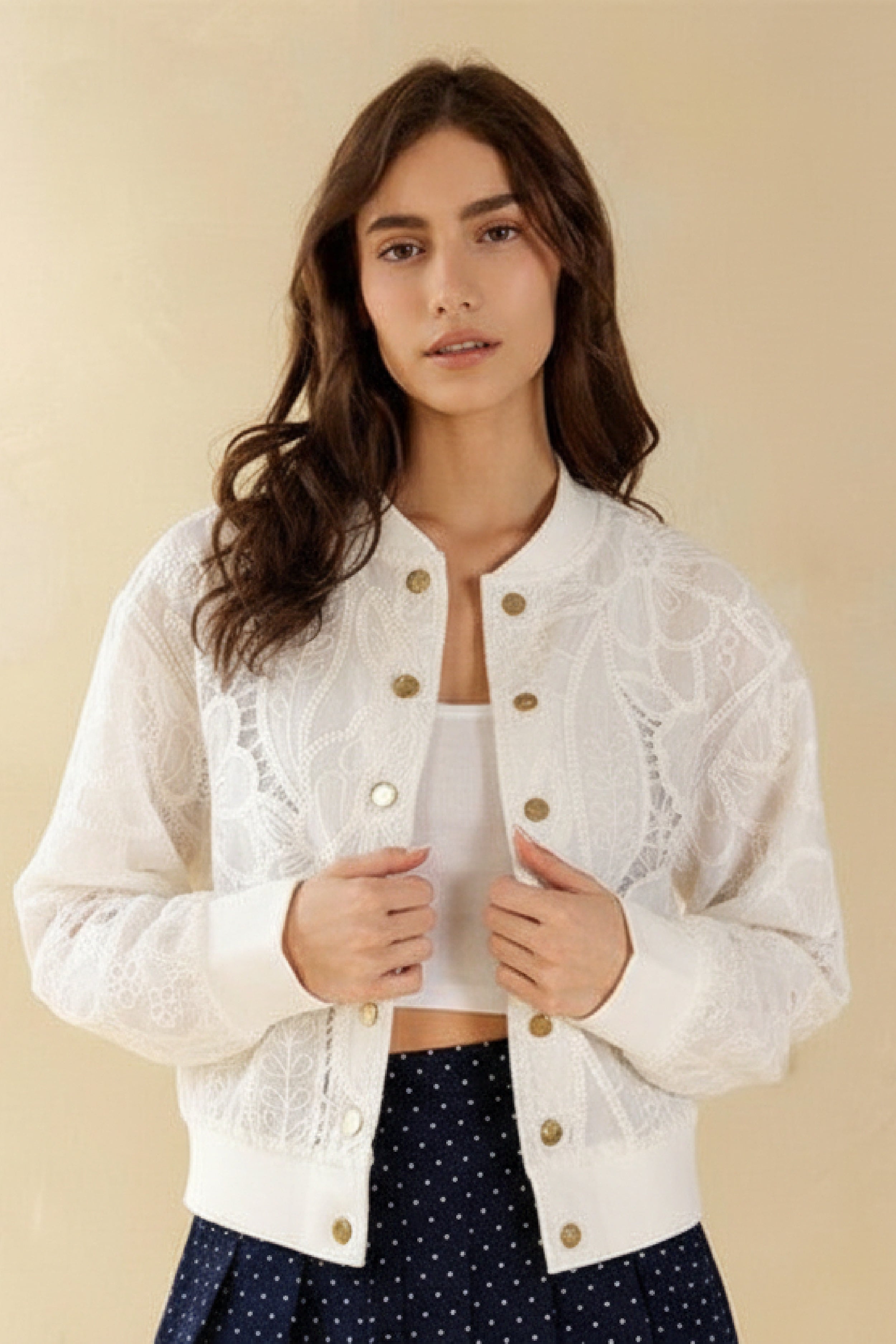 Tida Long Sleeve Floral Lace Bomber Jacket White