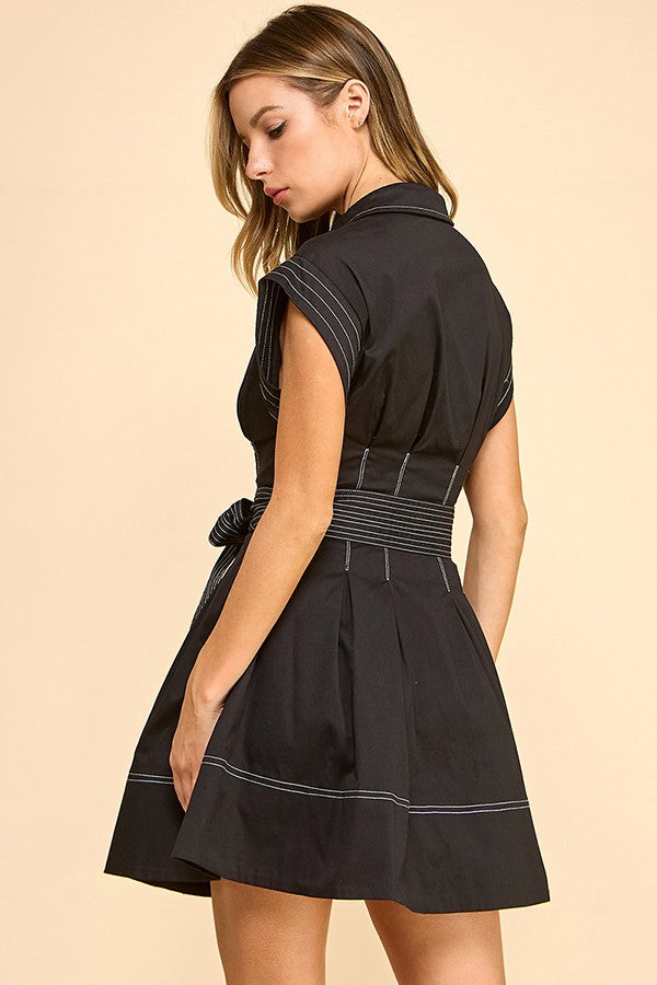 Rayna Sleeveless Zip Up Belted Contrast Stitch Mini Dress Black