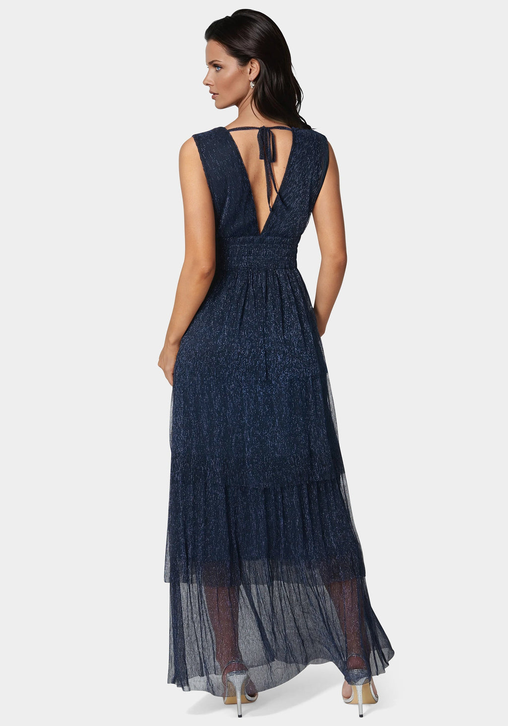 Tiered Plunge Neck Lurex Midi Dress