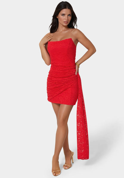 Strapless Lace Drape Detail Mini Dress