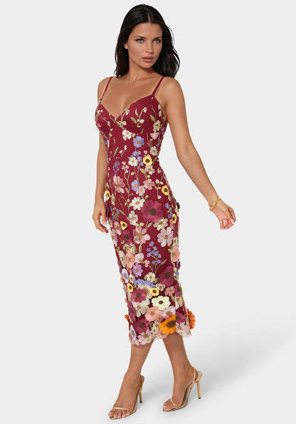 3D Floral Strappy V-Neck Midi Dress