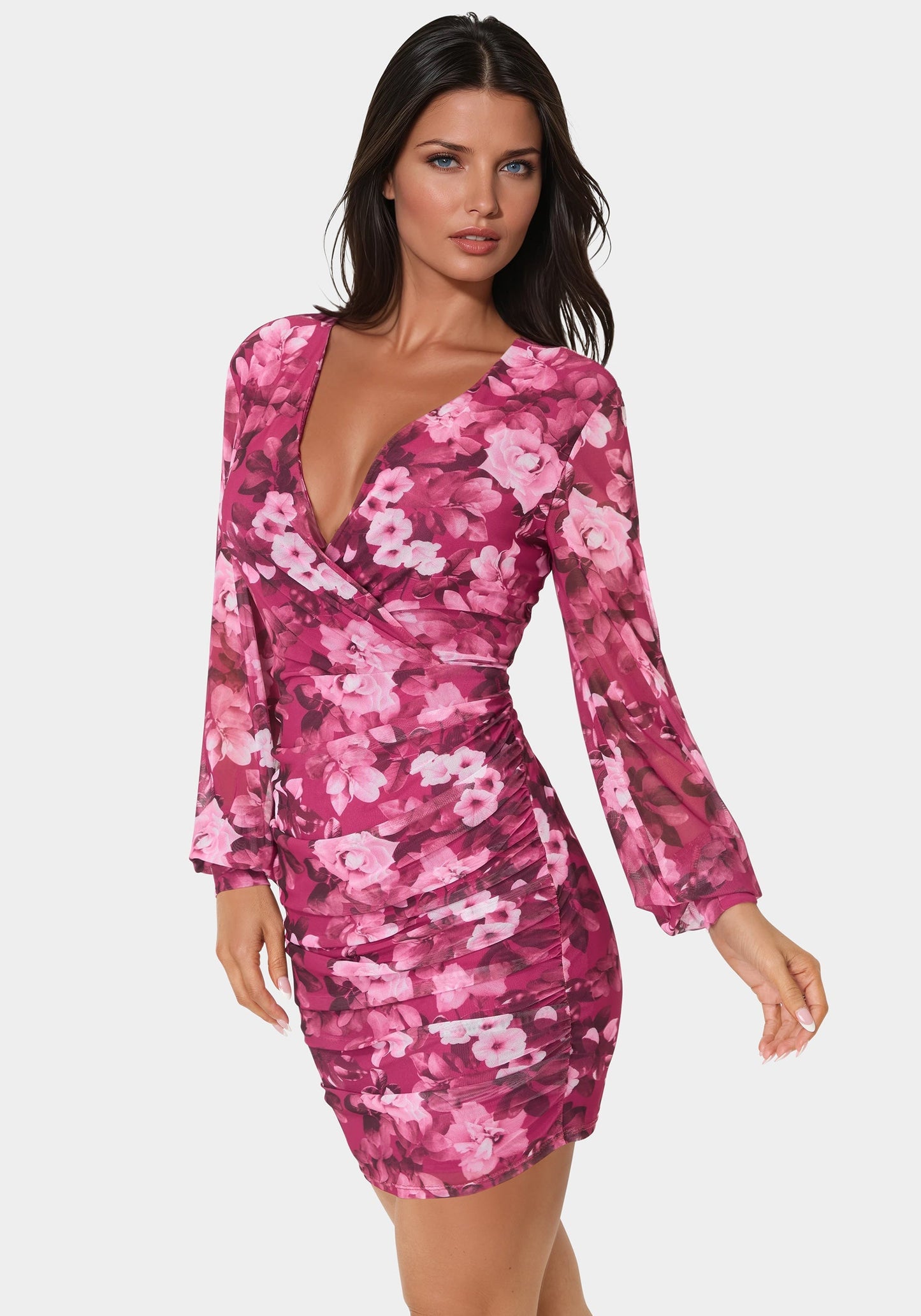 Long Sleeve Faux Wrap Ruched Mini Dress