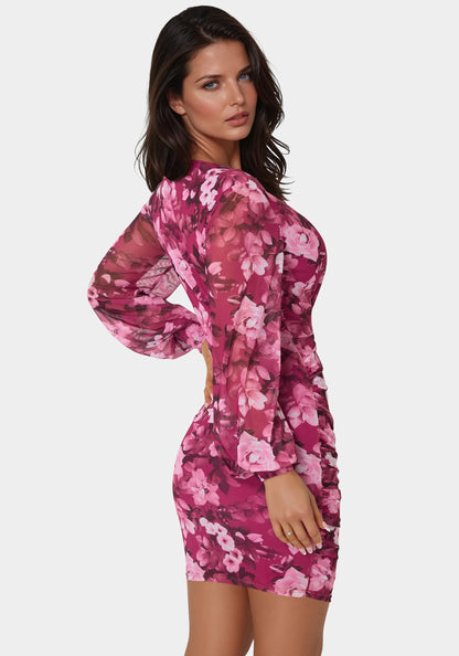 Long Sleeve Faux Wrap Ruched Mini Dress