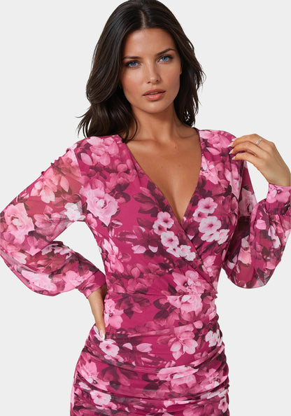 Long Sleeve Faux Wrap Ruched Mini Dress