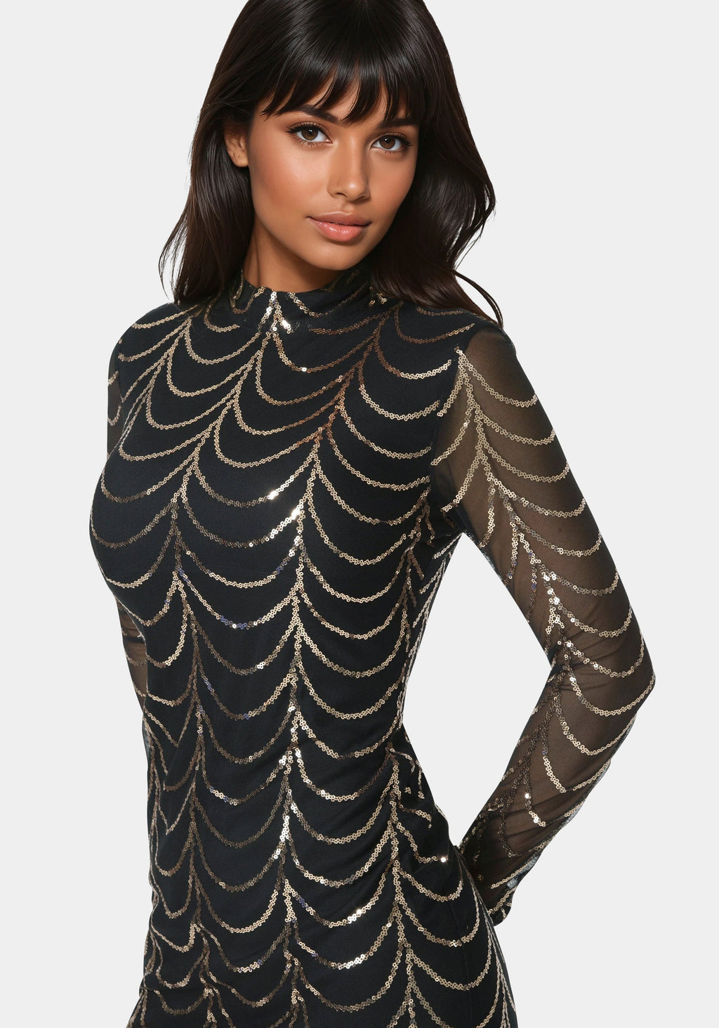Long Sleeve Sequins Mesh Mockneck Mini Dress