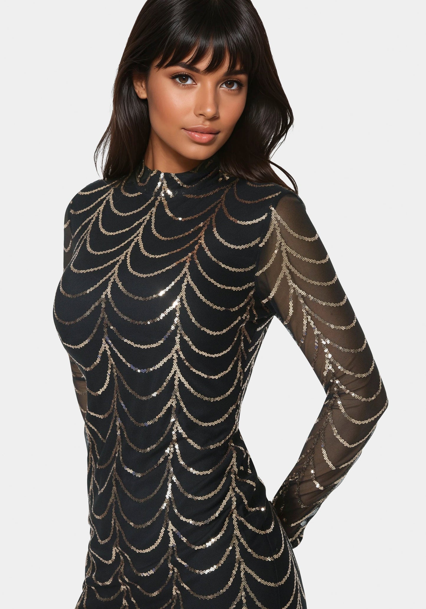 Long Sleeve Sequins Mesh Mockneck Mini Dress
