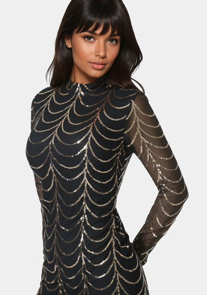 Long Sleeve Sequins Mesh Mockneck Mini Dress
