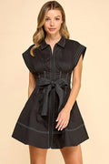 Rayna Sleeveless Zip Up Belted Contrast Stitch Mini Dress Black