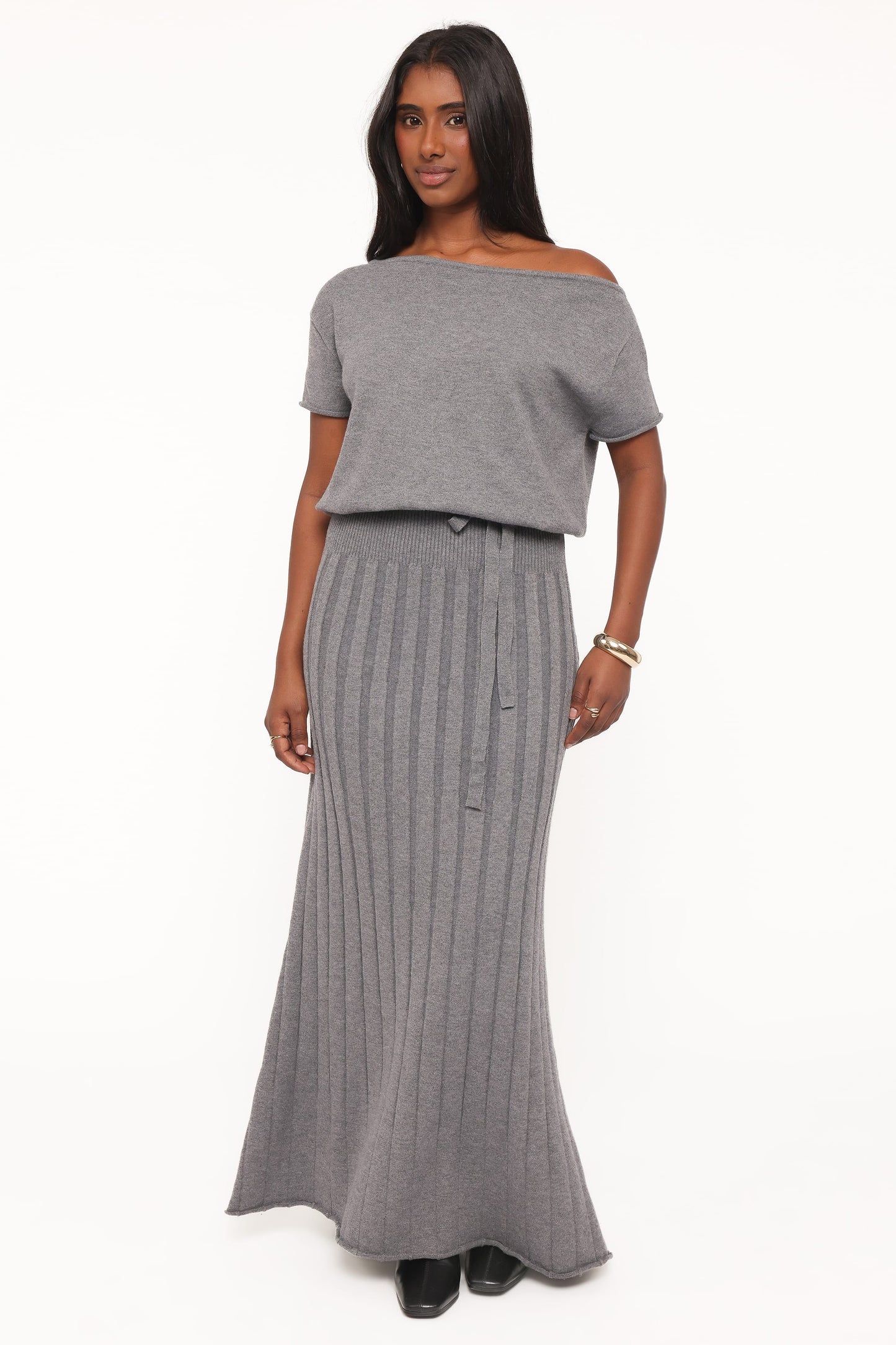 Arnie Off Shoulder Midi Dress - Charcoal Grey