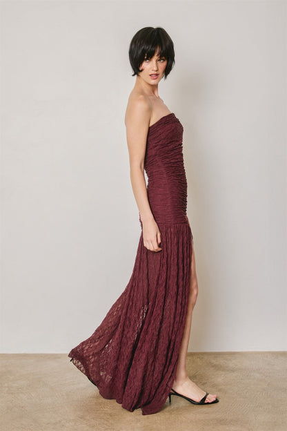 Waitlist 8/9 • Collins Sleeveless Ruched Lace Maxi Dress Burgundy