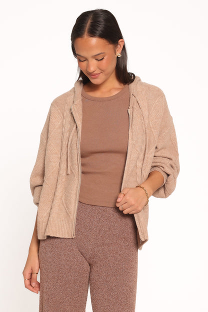 Charlene Cable Knit Zip Hoodie - Taupe