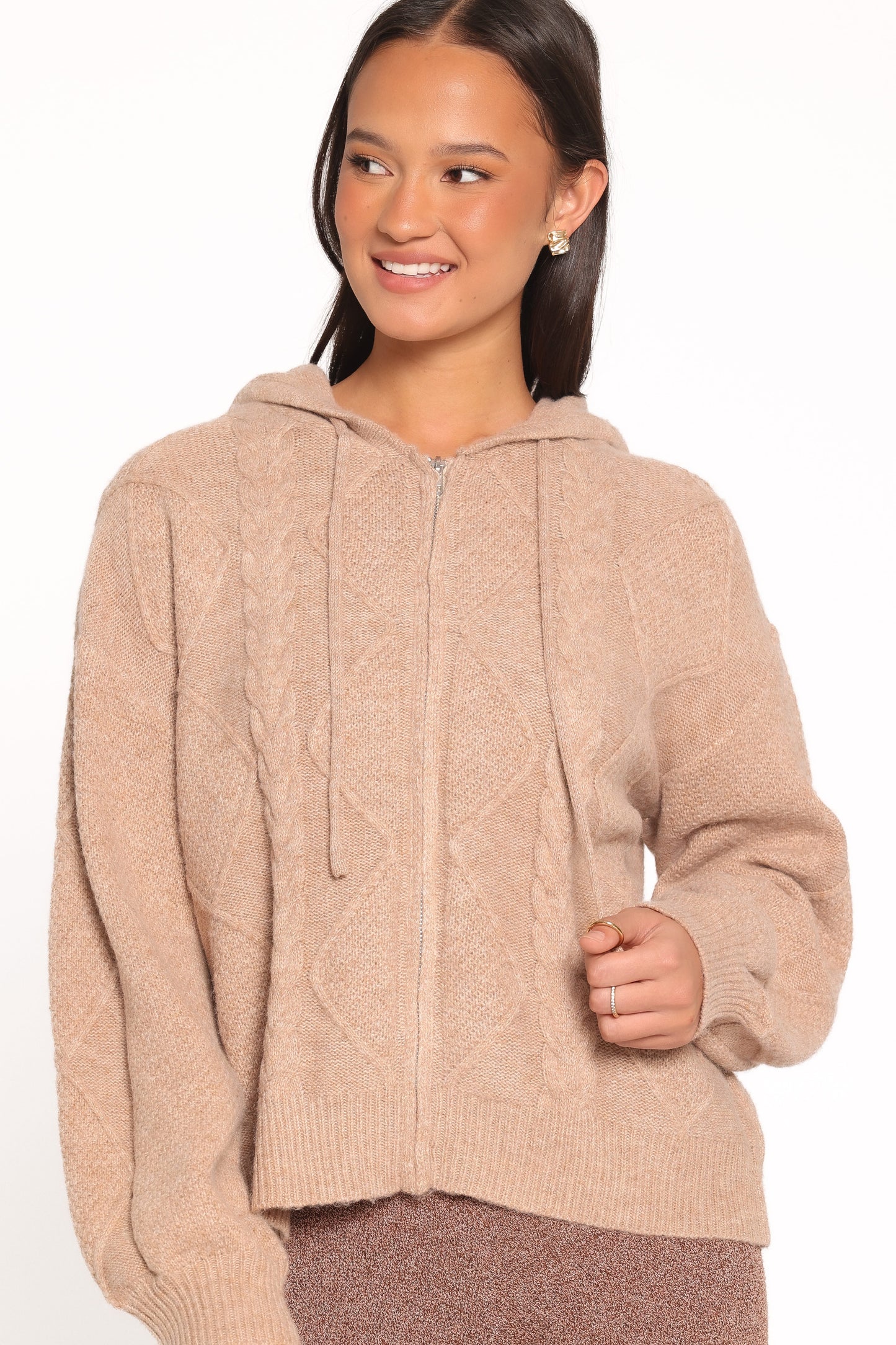 Charlene Cable Knit Zip Hoodie - Taupe