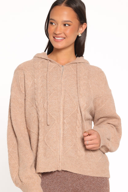 Charlene Cable Knit Zip Hoodie - Taupe