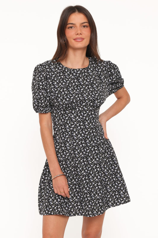 Carmina Mini Dress - Black Ditsy Floral
