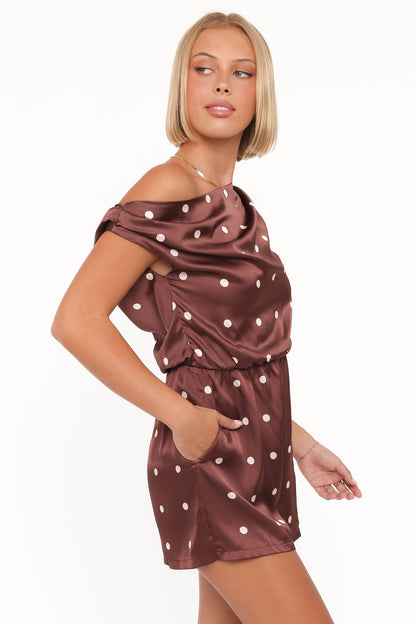 Cassidy One Shoulder Playsuit - Brown Polka Dot