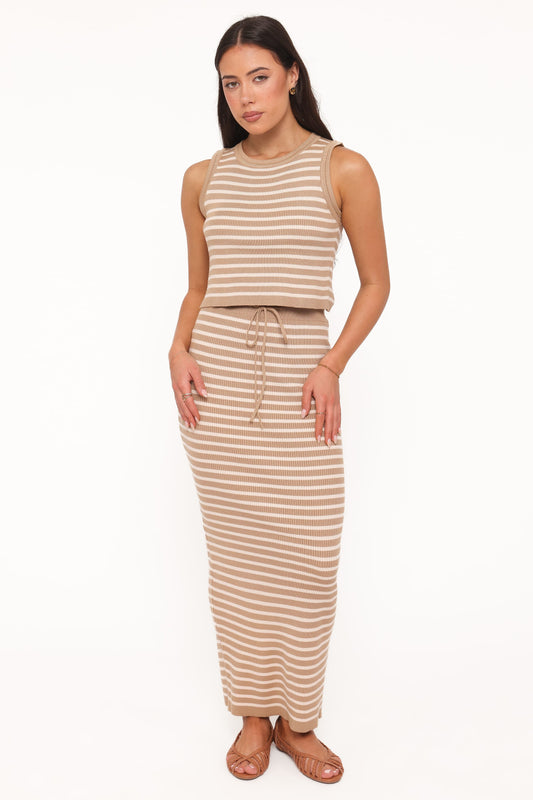 Aine Maxi Skirt Set - Khaki/Cream Stripe